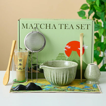 Matcha Whisk Set, Matcha Kit Set With Pink Cherry Blossom Embossed Pattern Includes 18 OZ Bowl, Bamboo Whisk, Ceramic Holder, Bamboo Scoop x2, Scoop Rest, Stainless Sifter and Tea Towel