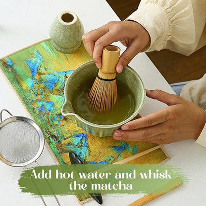 Matcha Whisk Set, Matcha Kit Set With Pink Cherry Blossom Embossed Pattern Includes 18 OZ Bowl, Bamboo Whisk, Ceramic Holder, Bamboo Scoop x2, Scoop Rest, Stainless Sifter and Tea Towel