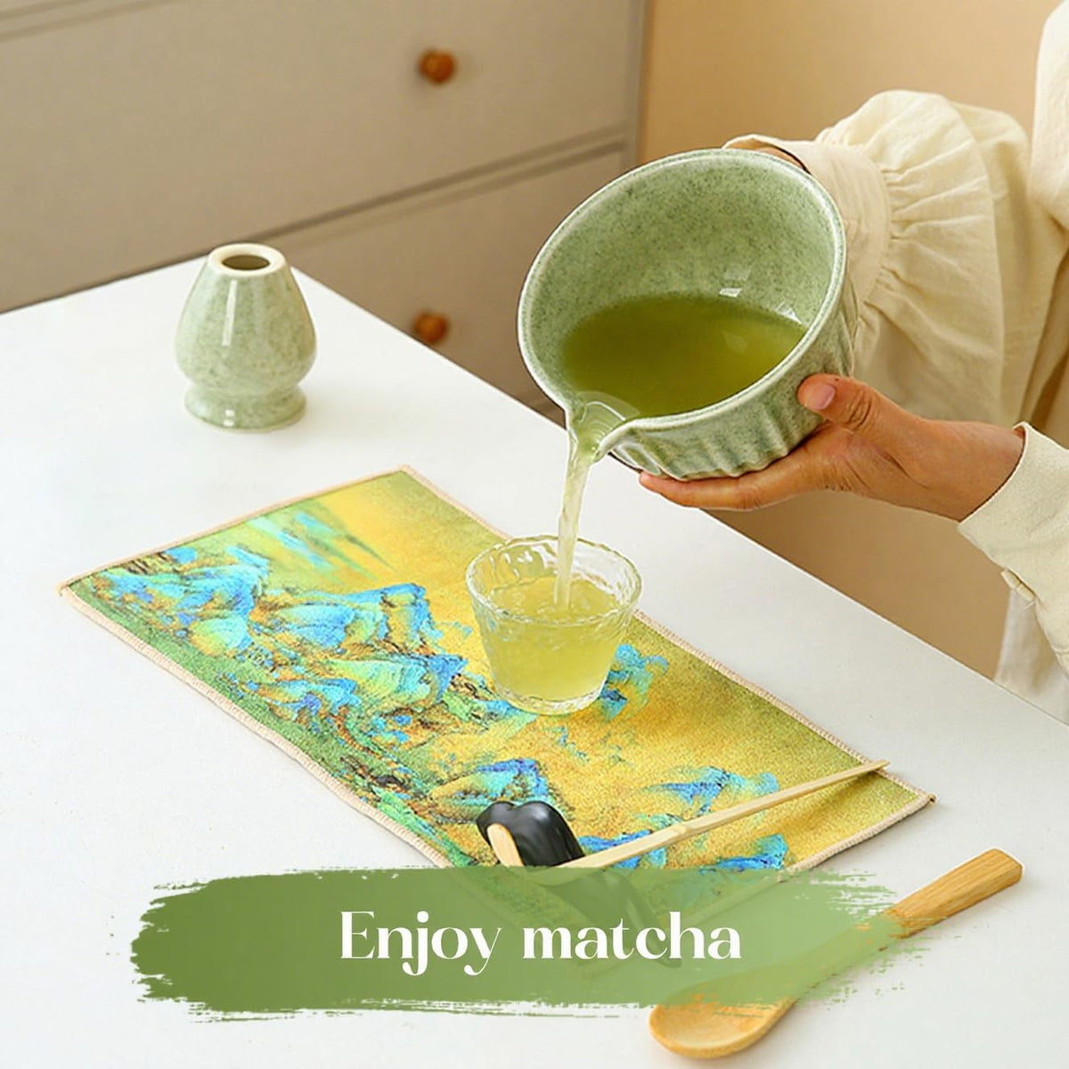 Matcha Whisk Set, Matcha Kit Set With Pink Cherry Blossom Embossed Pattern Includes 18 OZ Bowl, Bamboo Whisk, Ceramic Holder, Bamboo Scoop x2, Scoop Rest, Stainless Sifter and Tea Towel