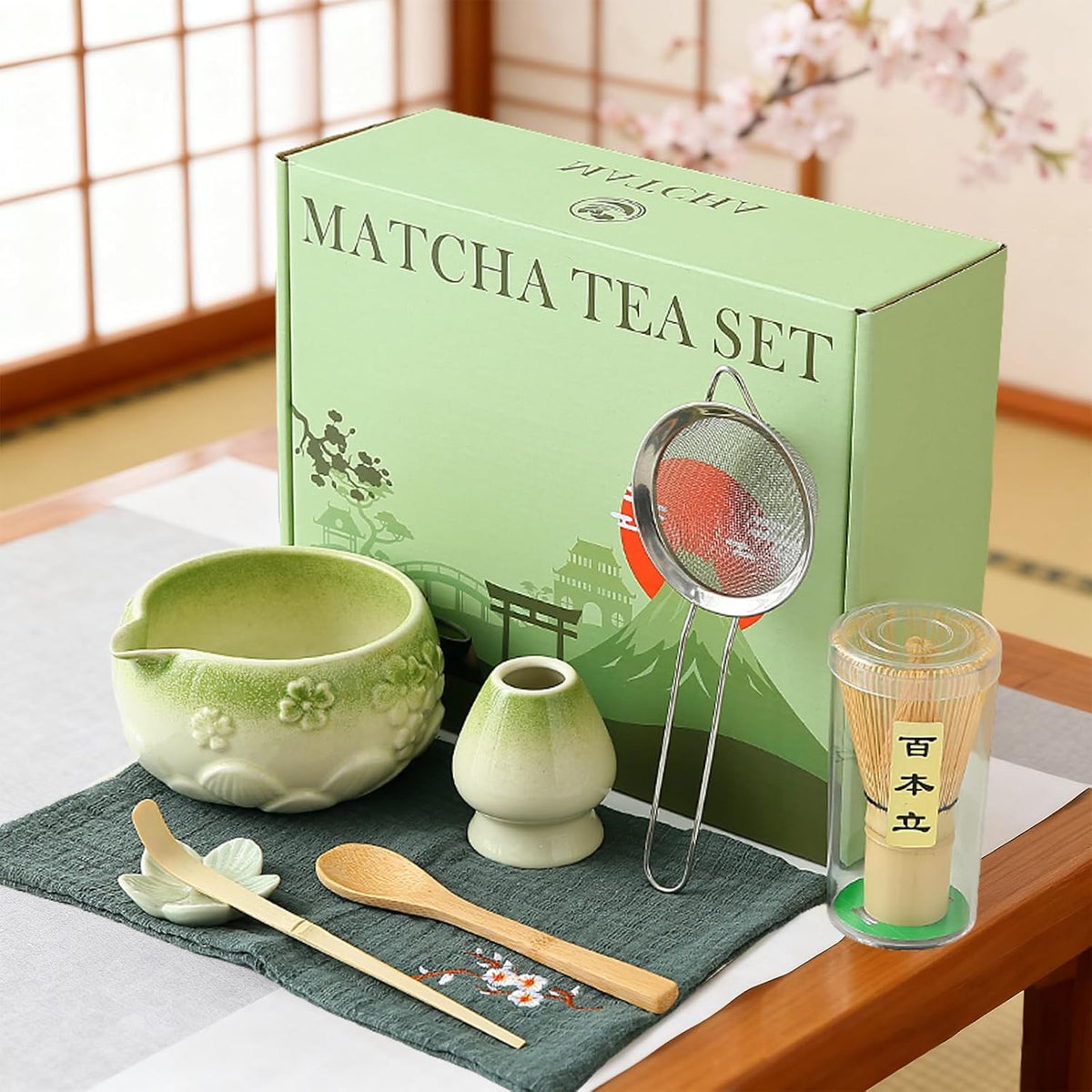 Matcha Whisk Set, Matcha Kit Set With Pink Cherry Blossom Embossed Pattern Includes 18 OZ Bowl, Bamboo Whisk, Ceramic Holder, Bamboo Scoop x2, Scoop Rest, Stainless Sifter and Tea Towel