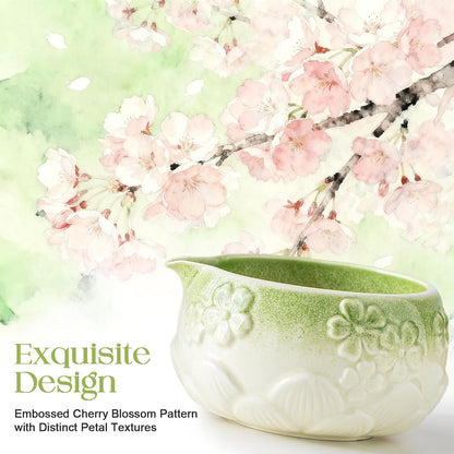 Matcha Whisk Set, Matcha Kit Set With Pink Cherry Blossom Embossed Pattern Includes 18 OZ Bowl, Bamboo Whisk, Ceramic Holder, Bamboo Scoop x2, Scoop Rest, Stainless Sifter and Tea Towel