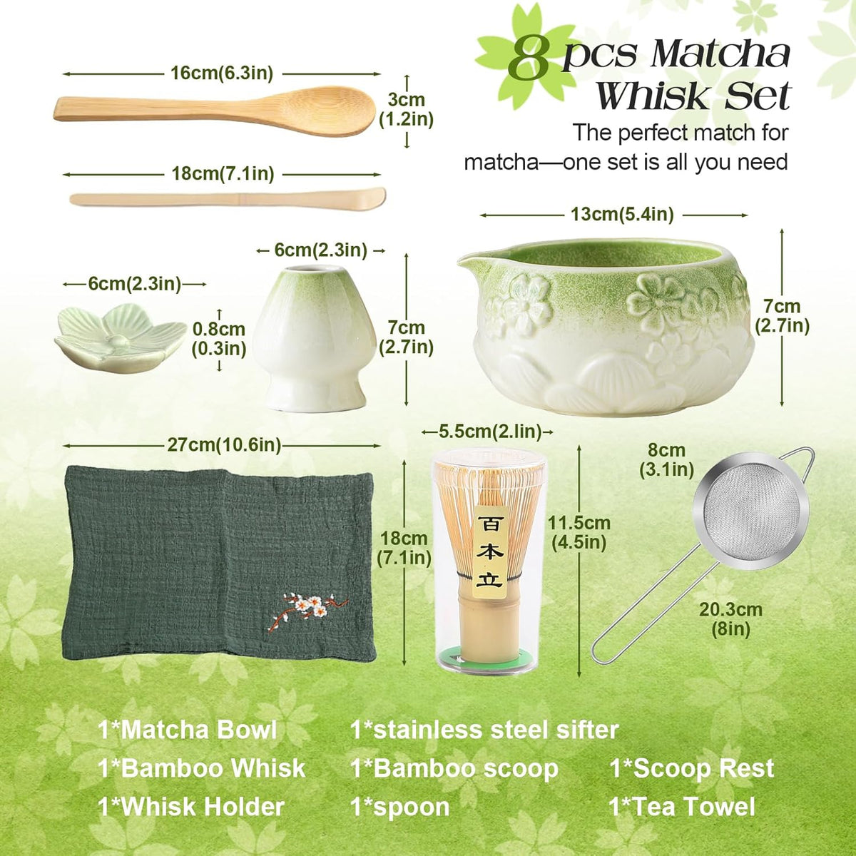 Matcha Whisk Set, Matcha Kit Set With Pink Cherry Blossom Embossed Pattern Includes 18 OZ Bowl, Bamboo Whisk, Ceramic Holder, Bamboo Scoop x2, Scoop Rest, Stainless Sifter and Tea Towel