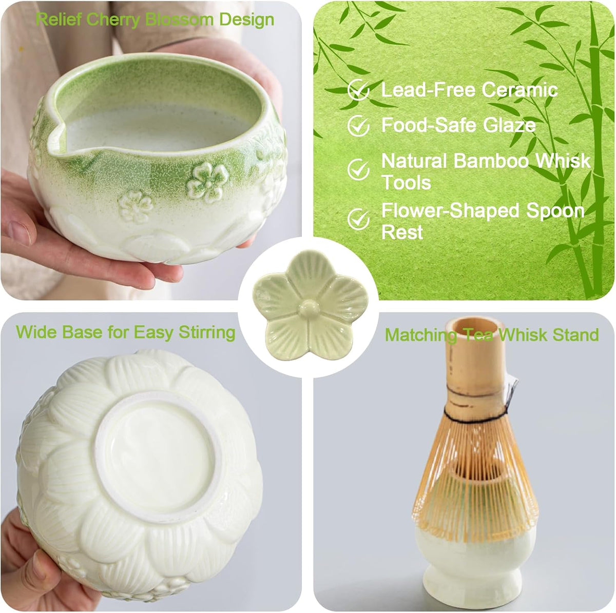 Matcha Whisk Set, Matcha Kit Set With Pink Cherry Blossom Embossed Pattern Includes 18 OZ Bowl, Bamboo Whisk, Ceramic Holder, Bamboo Scoop x2, Scoop Rest, Stainless Sifter and Tea Towel