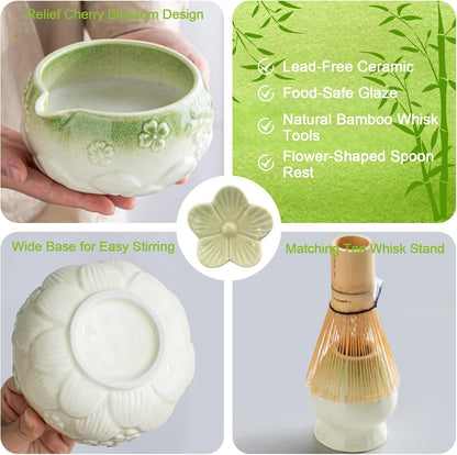 Matcha Whisk Set, Matcha Kit Set With Pink Cherry Blossom Embossed Pattern Includes 18 OZ Bowl, Bamboo Whisk, Ceramic Holder, Bamboo Scoop x2, Scoop Rest, Stainless Sifter and Tea Towel