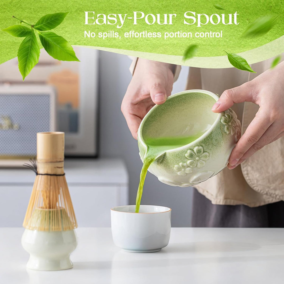 Matcha Whisk Set, Matcha Kit Set With Pink Cherry Blossom Embossed Pattern Includes 18 OZ Bowl, Bamboo Whisk, Ceramic Holder, Bamboo Scoop x2, Scoop Rest, Stainless Sifter and Tea Towel