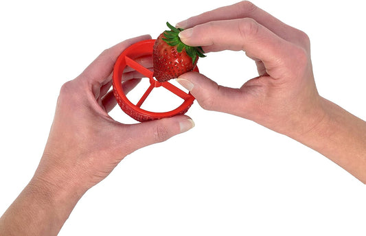 PushBerry 2-in-1, One Step Kid-Friendly Strawberry Stem Removal, Hull, and Slice Tool, Red