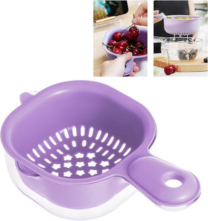 Kitchen Dual-Layer Draining Basket With Handle, Small Fruit Spinner And Strainer, Mini Colander, Dual Layer Rinser, Watermelon Bowl Strainer Container For Berries, Vegetables, Fruits (Purple)