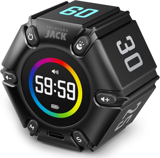 Roating Pomodoro Timer 3/5/10/25/30/60min Preset, Silent & Sound Alarm | Productivity Cube timer, Visual Timer for Office, ADHD, Study, Work, Magnetic Timer with Flip Custom Countdown - Black