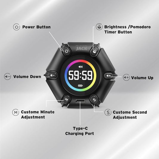 Roating Pomodoro Timer 3/5/10/25/30/60min Preset, Silent & Sound Alarm | Productivity Cube timer, Visual Timer for Office, ADHD, Study, Work, Magnetic Timer with Flip Custom Countdown - Black