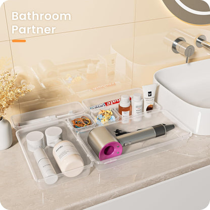 【Military Grade】 Drawer Organizer,【𝟱𝗦𝗶𝘇𝗲】 Makeup organizer,【Holds 177 Items】 Bathroom Organizers and Storage,Organization and Storage,Desk Drawer Organizer for Vanity【Clear】