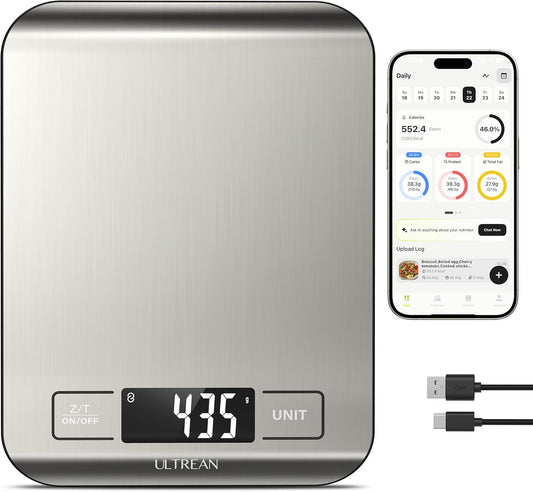 Smart Food Kitchen Scale with Nutritional Calculator, App for Macro & Calorie Tracking, AI Scan, Digital Grams and Ounces for Weight Loss, Rechargeable, Stainless Steel, 33lb /15kg