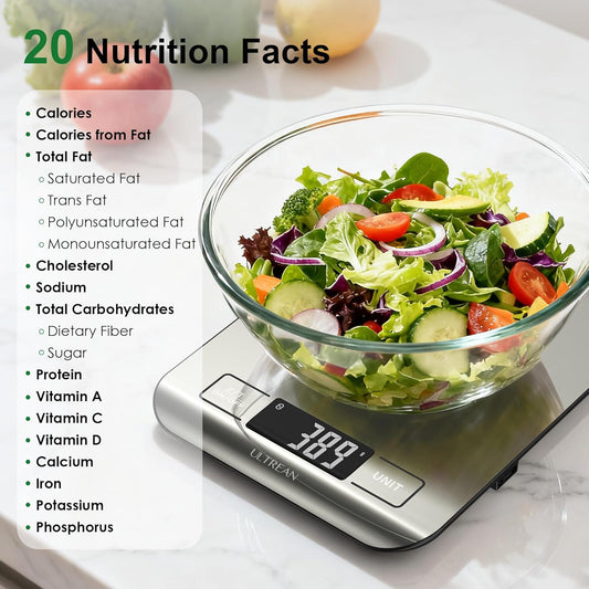 Smart Food Kitchen Scale with Nutritional Calculator, App for Macro & Calorie Tracking, AI Scan, Digital Grams and Ounces for Weight Loss, Rechargeable, Stainless Steel, 33lb /15kg
