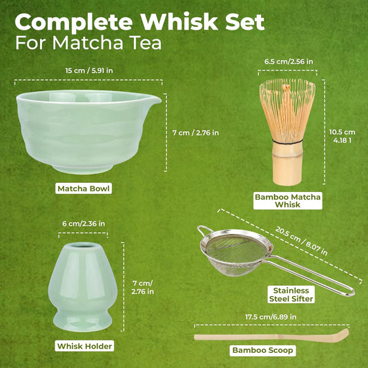 Matcha Whisk Set – 5-Piece Traditional Matcha Kit with Ceramic Bowl Including Bamboo Whisk, Scoop, Sifter & Whisk Holder | Japanese Tea Set for Smooth Matcha (Sage Green)