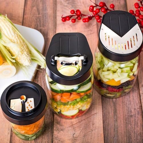 3-piece Gourmet Jar Top Collection, Vegetable Spiralizer, Corn Stripper & Peeler, Vegetable Slicer, Stainless Steel Jar Tops, Wide-Mouth Mason Jar Compatible Vegetable Chopper