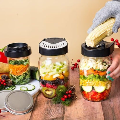 3-piece Gourmet Jar Top Collection, Vegetable Spiralizer, Corn Stripper & Peeler, Vegetable Slicer, Stainless Steel Jar Tops, Wide-Mouth Mason Jar Compatible Vegetable Chopper