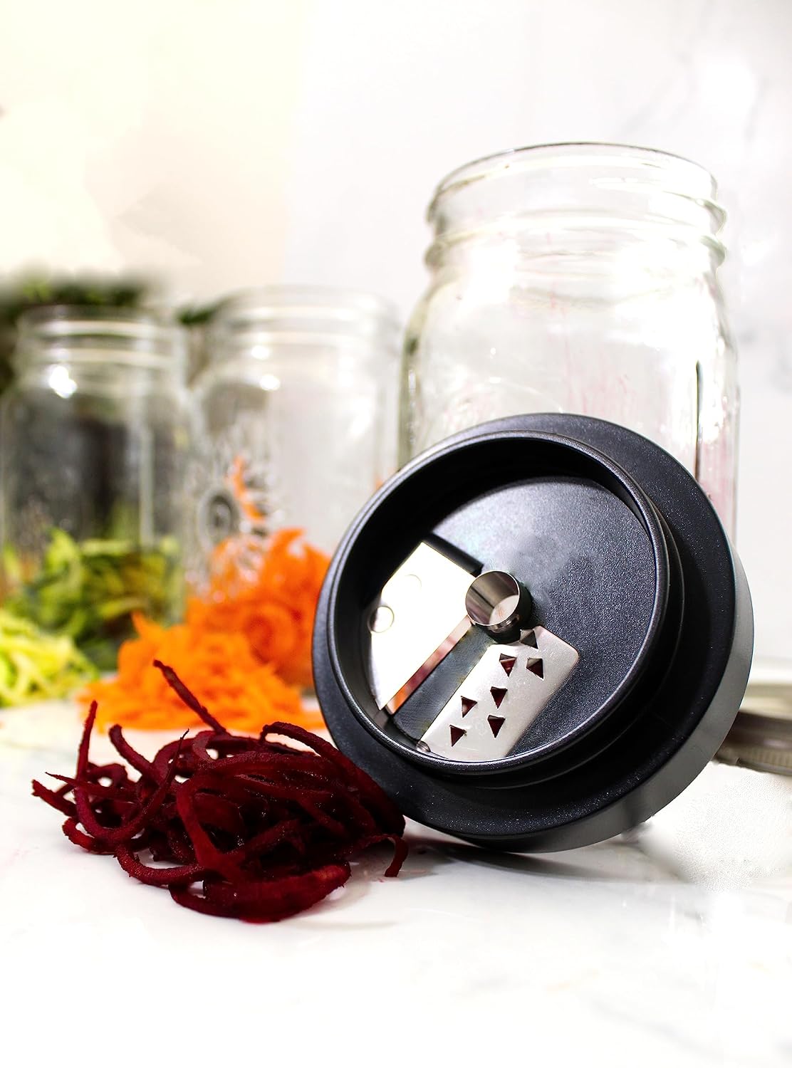 3-piece Gourmet Jar Top Collection, Vegetable Spiralizer, Corn Stripper & Peeler, Vegetable Slicer, Stainless Steel Jar Tops, Wide-Mouth Mason Jar Compatible Vegetable Chopper