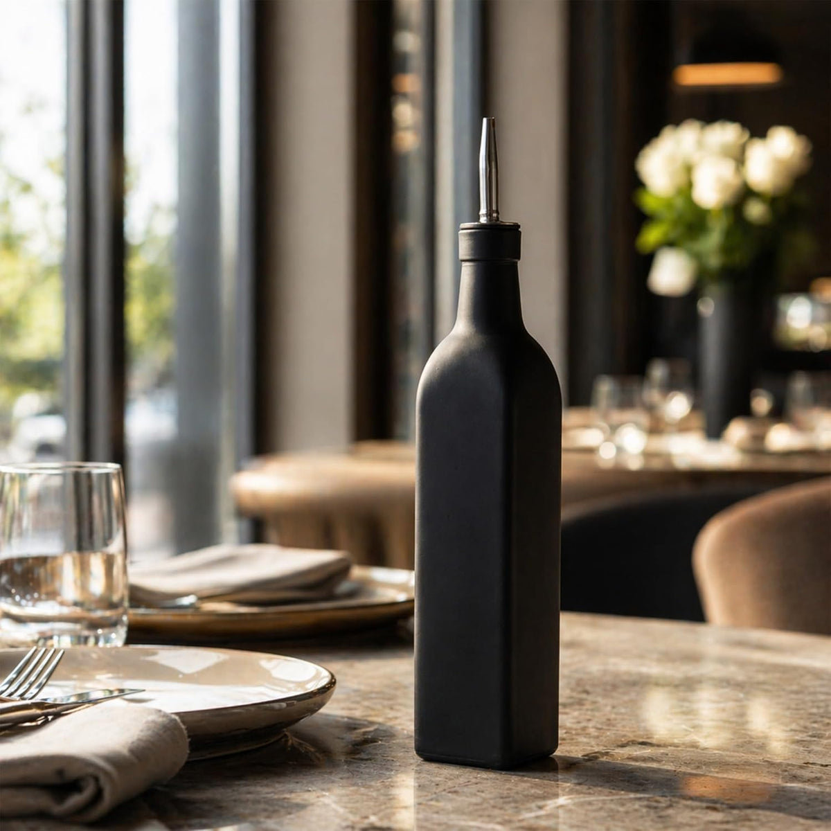 RW Base 16.9 Ounce Olive Oil Dispenser 1 Kitchen Oil Dispenser Bottle - With Stainless Steel Pourer Non-Leaking Black Glass Olive Oil Pourer For Cooking Or Salad Dressings