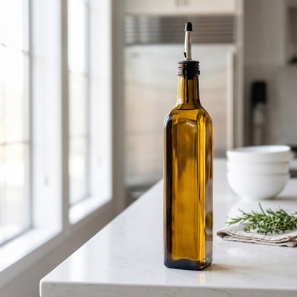 RW Base 16.9 Ounce Olive Oil Dispenser 1 Kitchen Oil Dispenser Bottle - With Stainless Steel Pourer Non-Leaking Black Glass Olive Oil Pourer For Cooking Or Salad Dressings