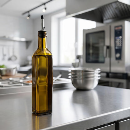 RW Base 16.9 Ounce Olive Oil Dispenser 1 Kitchen Oil Dispenser Bottle - With Stainless Steel Pourer Non-Leaking Black Glass Olive Oil Pourer For Cooking Or Salad Dressings
