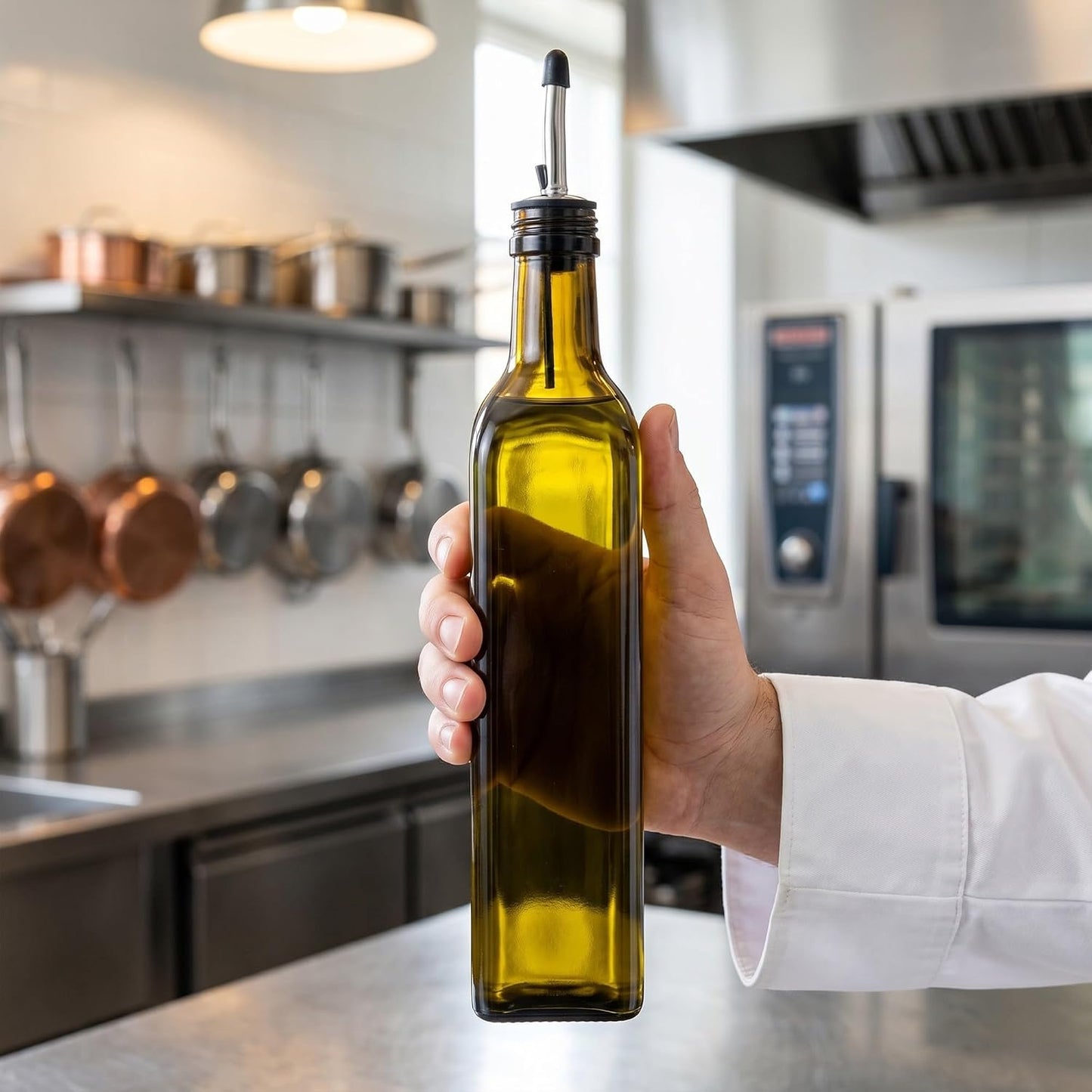 RW Base 16.9 Ounce Olive Oil Dispenser 1 Kitchen Oil Dispenser Bottle - With Stainless Steel Pourer Non-Leaking Black Glass Olive Oil Pourer For Cooking Or Salad Dressings