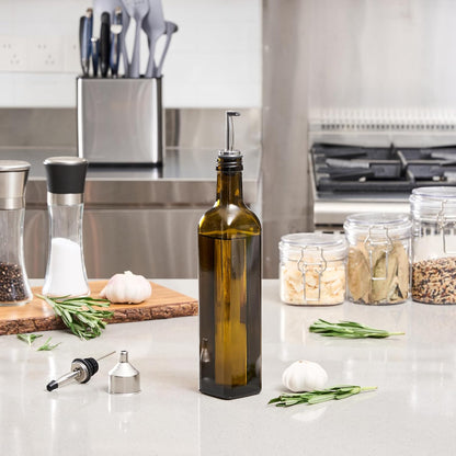 RW Base 16.9 Ounce Olive Oil Dispenser 1 Kitchen Oil Dispenser Bottle - With Stainless Steel Pourer Non-Leaking Black Glass Olive Oil Pourer For Cooking Or Salad Dressings