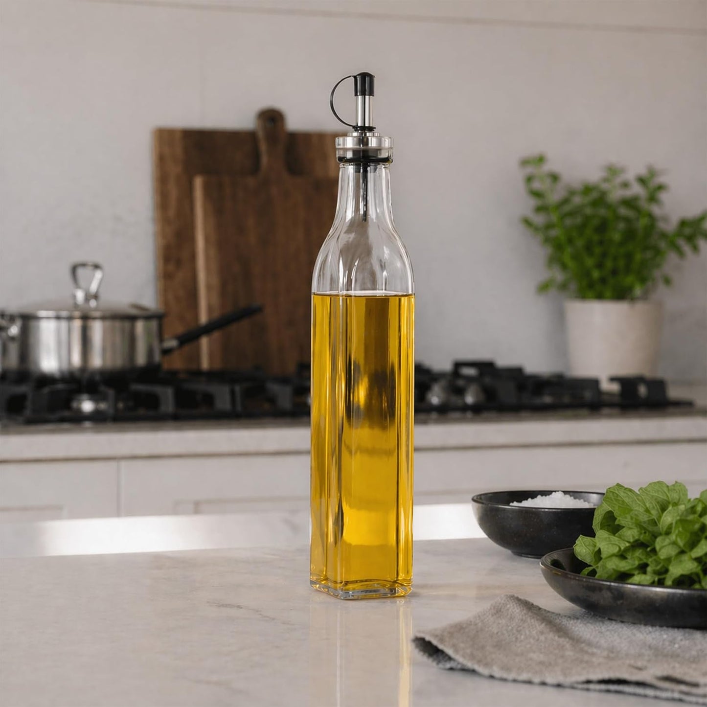 RW Base 16.9 Ounce Olive Oil Dispenser 1 Kitchen Oil Dispenser Bottle - With Stainless Steel Pourer Non-Leaking Black Glass Olive Oil Pourer For Cooking Or Salad Dressings