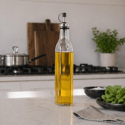 RW Base 16.9 Ounce Olive Oil Dispenser 1 Kitchen Oil Dispenser Bottle - With Stainless Steel Pourer Non-Leaking Black Glass Olive Oil Pourer For Cooking Or Salad Dressings