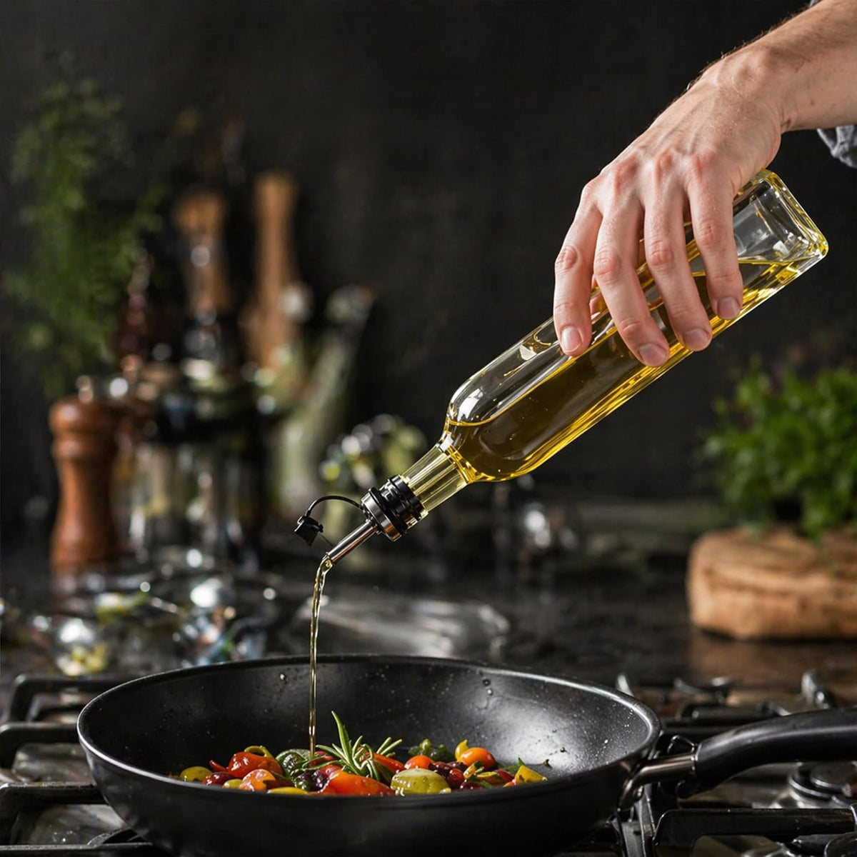 RW Base 16.9 Ounce Olive Oil Dispenser 1 Kitchen Oil Dispenser Bottle - With Stainless Steel Pourer Non-Leaking Black Glass Olive Oil Pourer For Cooking Or Salad Dressings