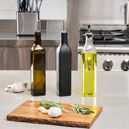 RW Base 16.9 Ounce Olive Oil Dispenser 1 Kitchen Oil Dispenser Bottle - With Stainless Steel Pourer Non-Leaking Black Glass Olive Oil Pourer For Cooking Or Salad Dressings
