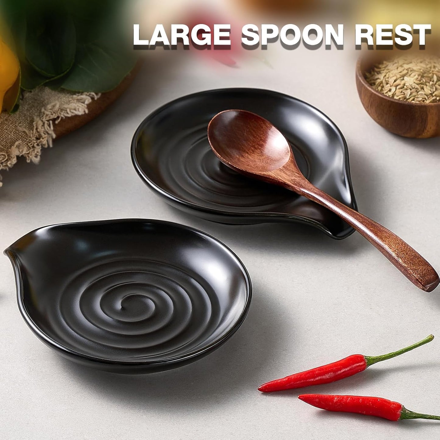 ® Spoon Rest for Stove Top, 6.1" Large Ceramic Spoon Holder for Kitchen Counter Decor, Heat-Resistant Cooking Utensil Rest, Coffee Spoon Holder, Black Kitchen Spoon Rest for Spoon Ladle Spatula