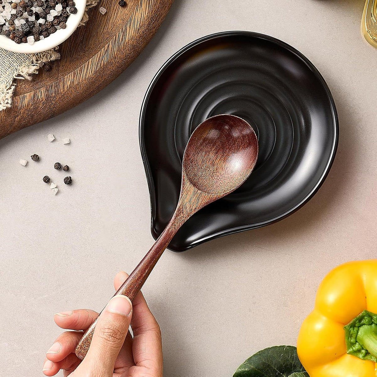 ® Spoon Rest for Stove Top, 6.1" Large Ceramic Spoon Holder for Kitchen Counter Decor, Heat-Resistant Cooking Utensil Rest, Coffee Spoon Holder, Black Kitchen Spoon Rest for Spoon Ladle Spatula