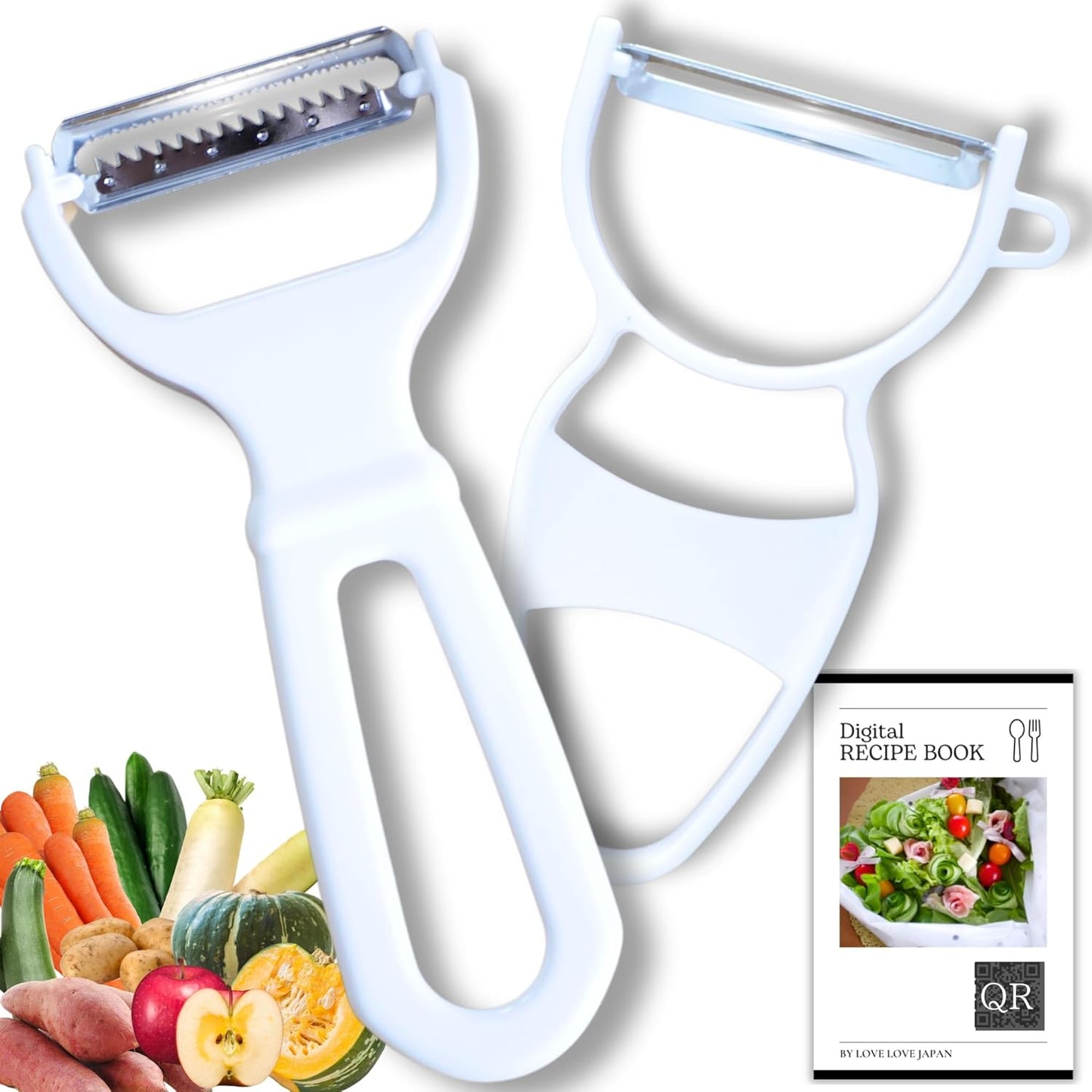 Japanese Julienne Peeler Vegetable Peeler Set - Julienne Slicer, Y Carrot/Zucchini/Cucumber/Potato Peelers, Vegetable Ribbon Slicer, Veggie Hand Peelers for Kitchen, Digital Recipe Book, Made in Japan
