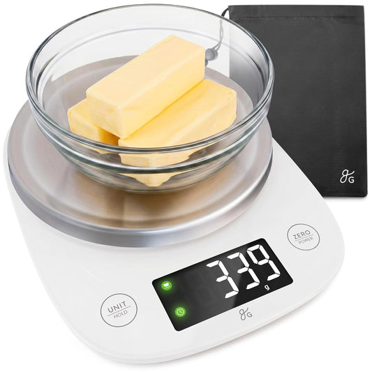 Digital Kitchen Scale for Baking, Sourdough, 11lb Capacity | Weigh Flour, Sugar & Batter in g, oz, ml or fl oz, Tap to Tare, Hold Function & Auto-Off, Stainless Steel Top & Storage Bag