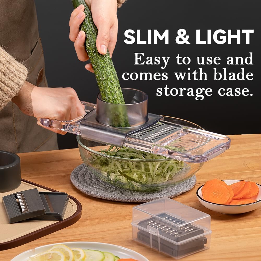 Transparent Multifunctional Mandoline Slicer - 6 Blades Interchangeable, Handheld Vegetable Cutter with Hand Guard for Kitchen, Onion, Garlic, Safe Food Slicer