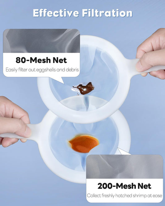 Brine Shrimp Net Kit- 80 & 200 Mesh Sieve for Hatchery, Fine Artemia with 2 Pipettes and 5 Storage Tubes, Dense Mesh Collecting Net with Handle