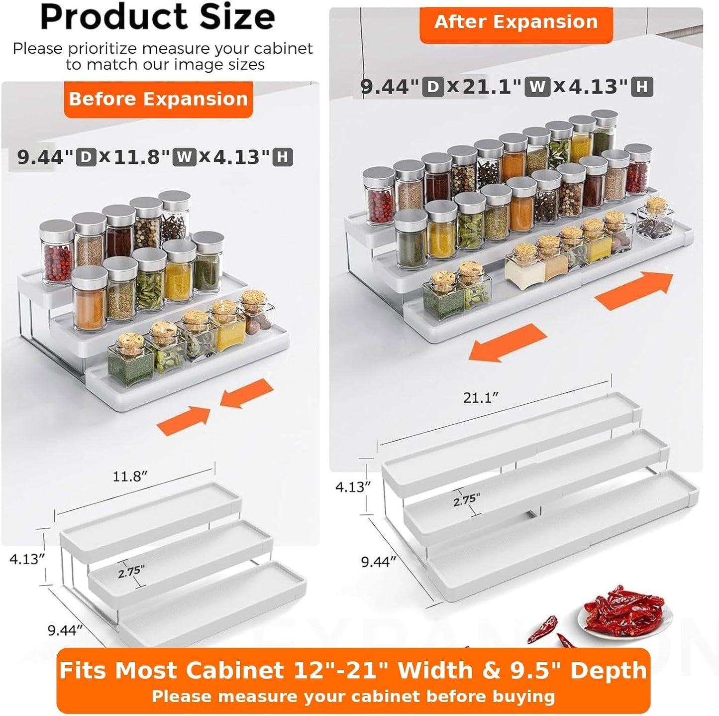 Expandable Spice Rack Organizer for Cabinet - 3 Tier Adjustable Cabinet Spice Organizer Easy Visibility - Spice Organizer for Cabinet Countertop Cupboard Pantry Organization (White)