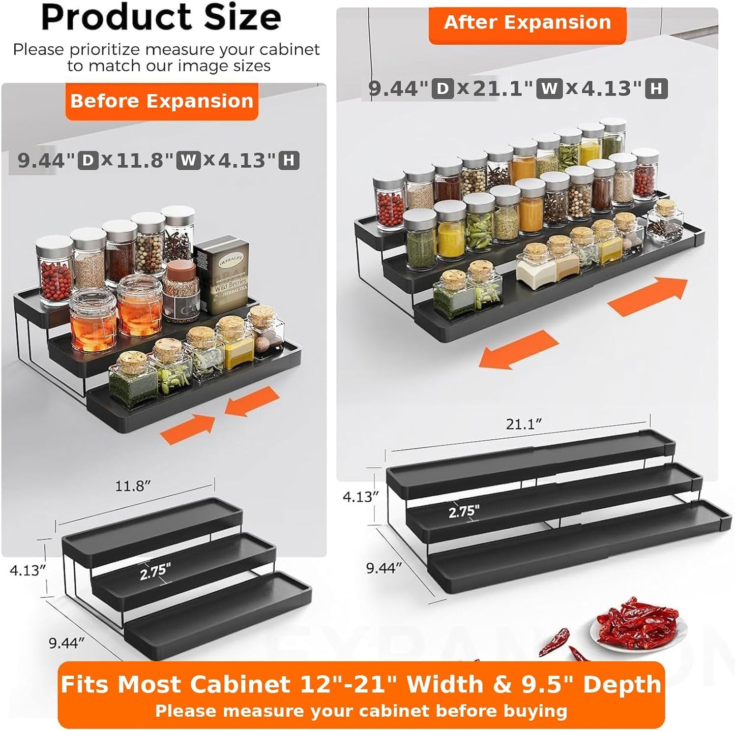 Expandable Spice Rack Organizer for Cabinet - 3 Tier Adjustable Cabinet Spice Organizer Easy Visibility - Spice Organizer for Cabinet Countertop Cupboard Pantry Organization (White)