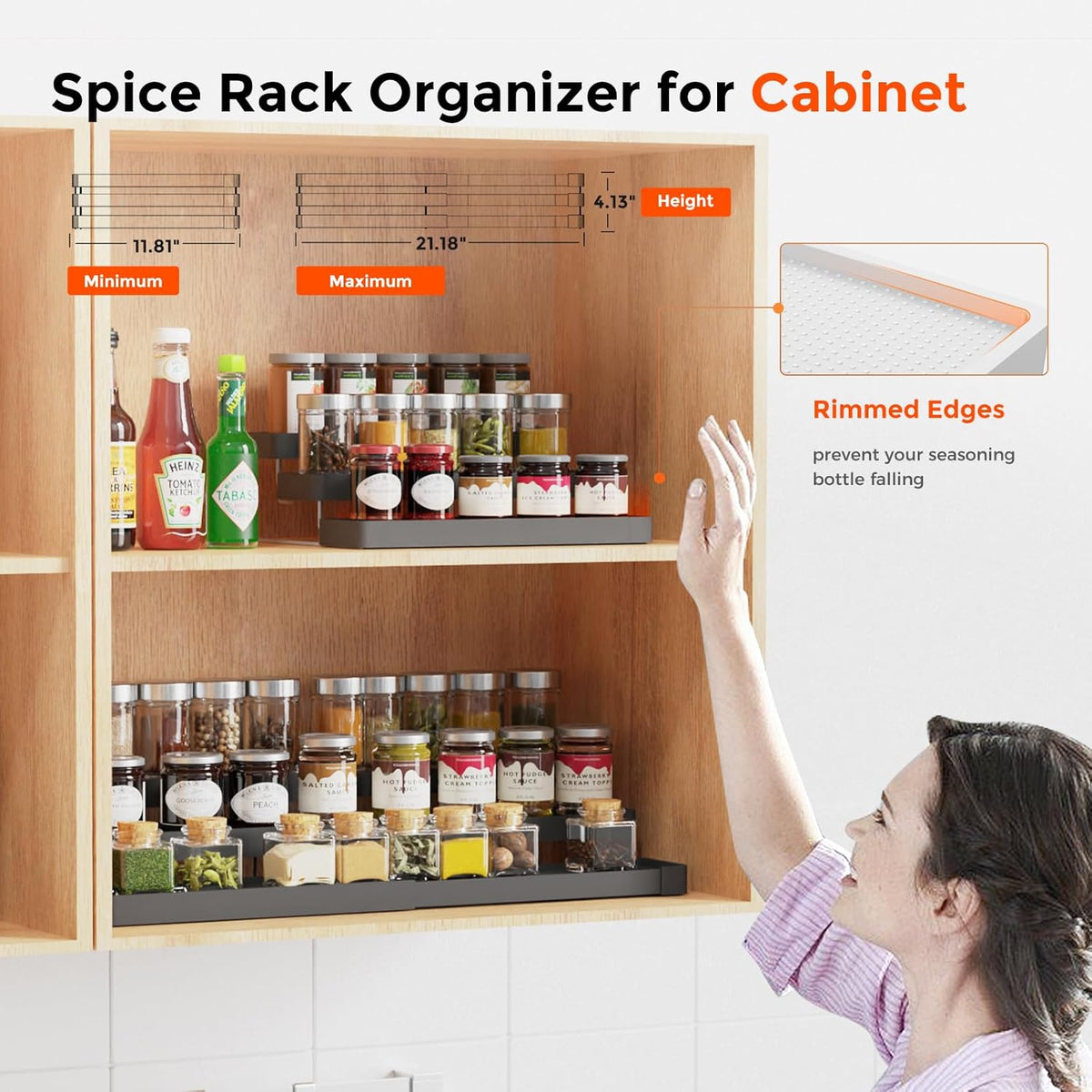 Expandable Spice Rack Organizer for Cabinet - 3 Tier Adjustable Cabinet Spice Organizer Easy Visibility - Spice Organizer for Cabinet Countertop Cupboard Pantry Organization (White)