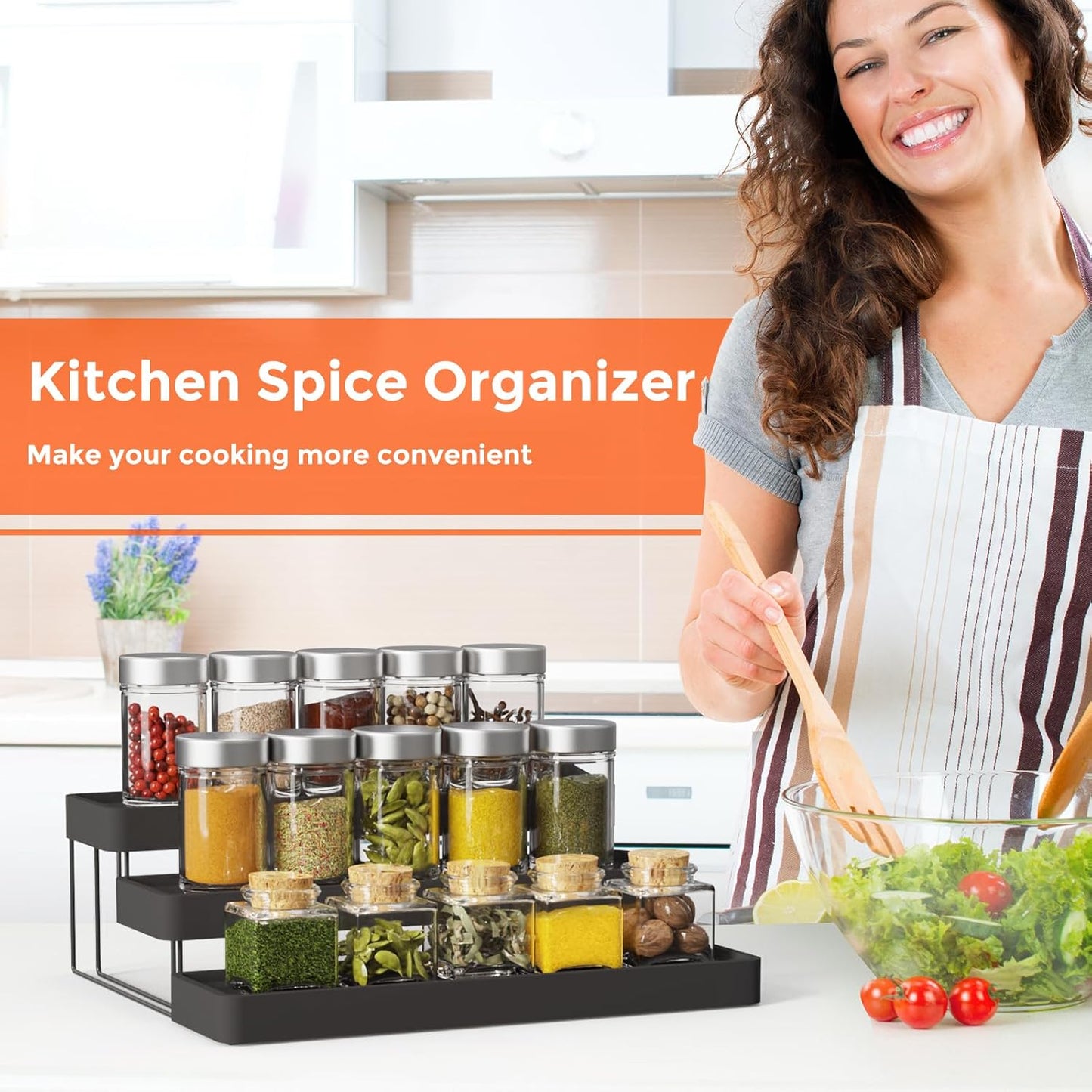 Expandable Spice Rack Organizer for Cabinet - 3 Tier Adjustable Cabinet Spice Organizer Easy Visibility - Spice Organizer for Cabinet Countertop Cupboard Pantry Organization (White)
