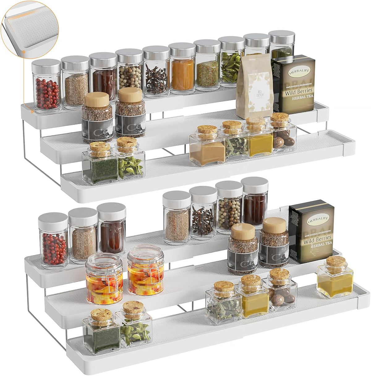 Expandable Spice Rack Organizer for Cabinet - 3 Tier Adjustable Cabinet Spice Organizer Easy Visibility - Spice Organizer for Cabinet Countertop Cupboard Pantry Organization (White)