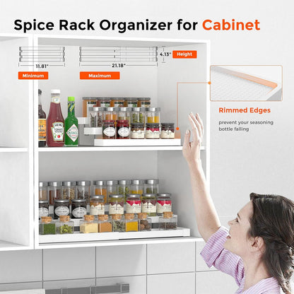 Expandable Spice Rack Organizer for Cabinet - 3 Tier Adjustable Cabinet Spice Organizer Easy Visibility - Spice Organizer for Cabinet Countertop Cupboard Pantry Organization (White)