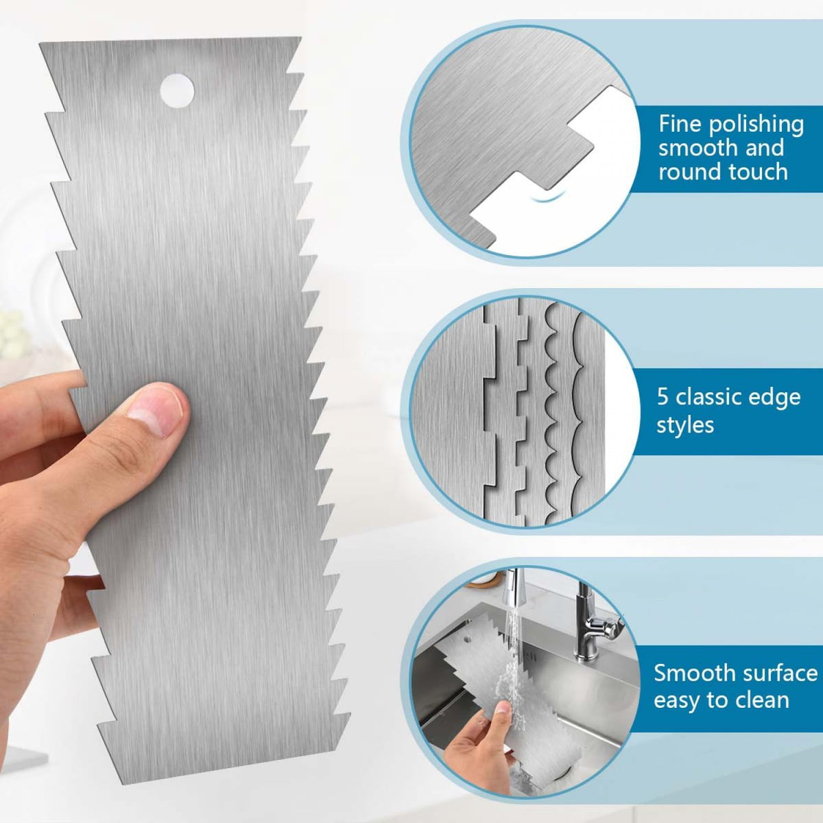 3 Pcs 9 Inch Stainless Steel Cream Cake Scraper Smoother Comb with Double Sides for Decorating Icing Mousse Butter