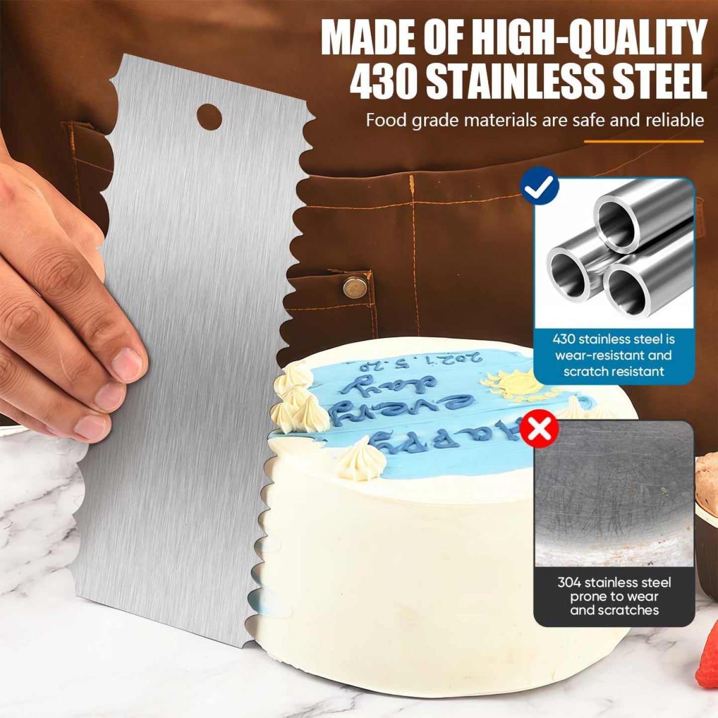 3 Pcs 9 Inch Stainless Steel Cream Cake Scraper Smoother Comb with Double Sides for Decorating Icing Mousse Butter
