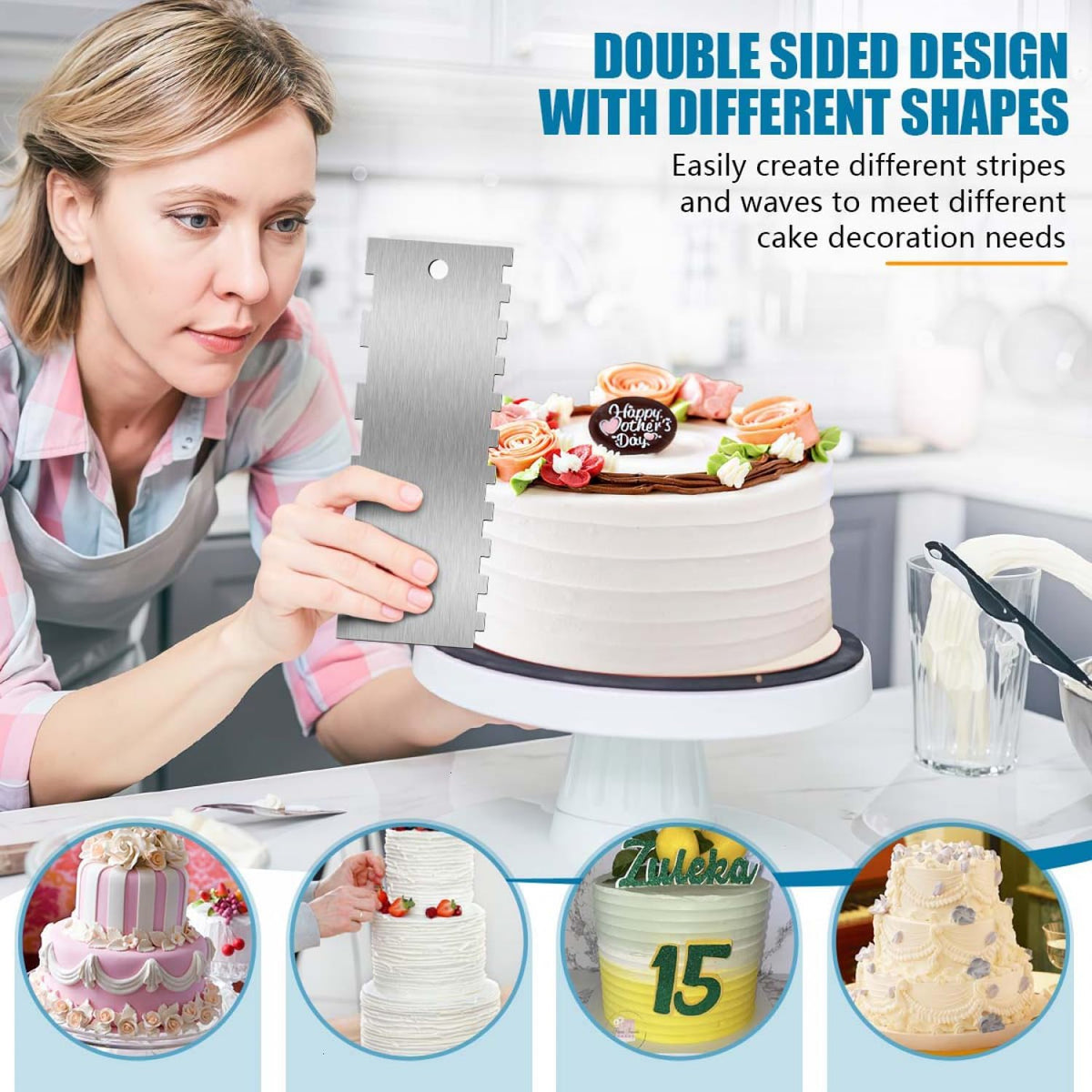 3 Pcs 9 Inch Stainless Steel Cream Cake Scraper Smoother Comb with Double Sides for Decorating Icing Mousse Butter