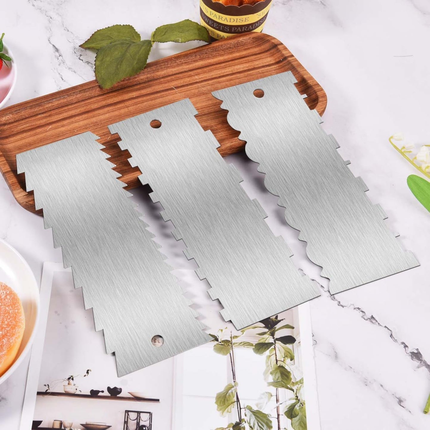 3 Pcs 9 Inch Stainless Steel Cream Cake Scraper Smoother Comb with Double Sides for Decorating Icing Mousse Butter