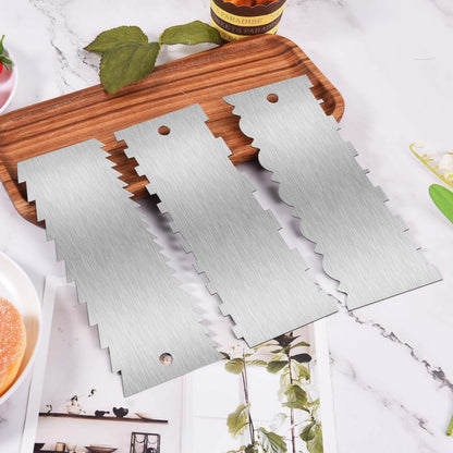 3 Pcs 9 Inch Stainless Steel Cream Cake Scraper Smoother Comb with Double Sides for Decorating Icing Mousse Butter