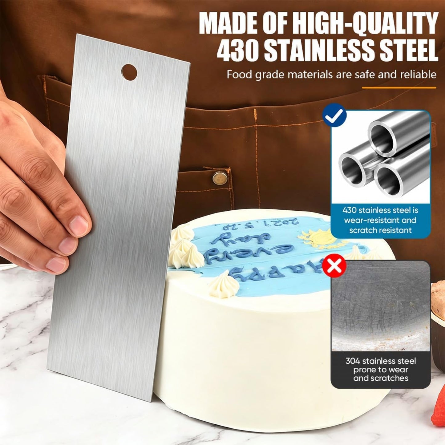 3 Pcs 9 Inch Stainless Steel Cream Cake Scraper Smoother Comb with Double Sides for Decorating Icing Mousse Butter