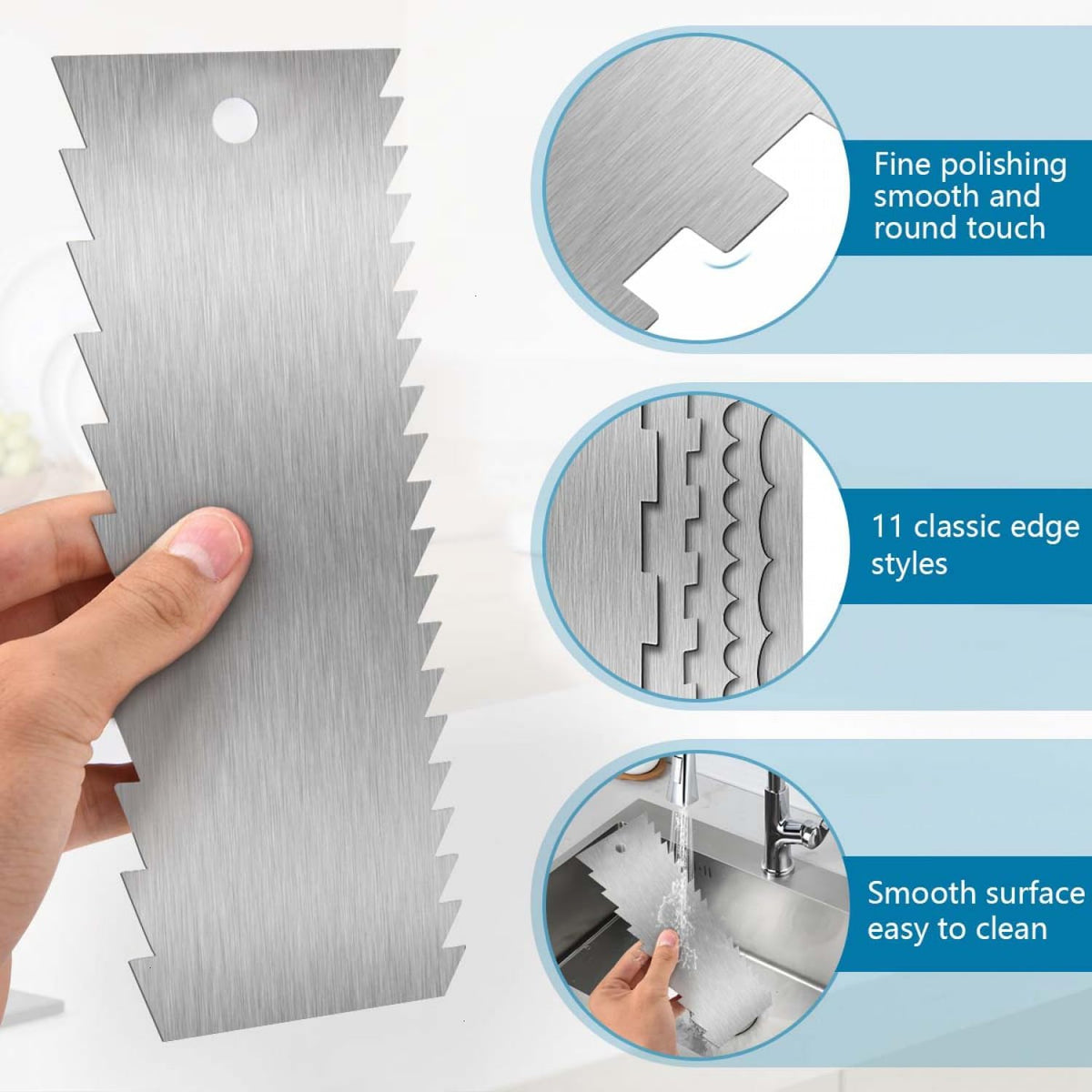 3 Pcs 9 Inch Stainless Steel Cream Cake Scraper Smoother Comb with Double Sides for Decorating Icing Mousse Butter