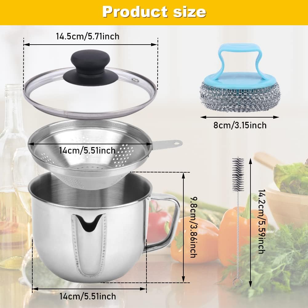 Stainless Steel Fat Separator 1L, Gravy Separator with Glass Lid & Strainer