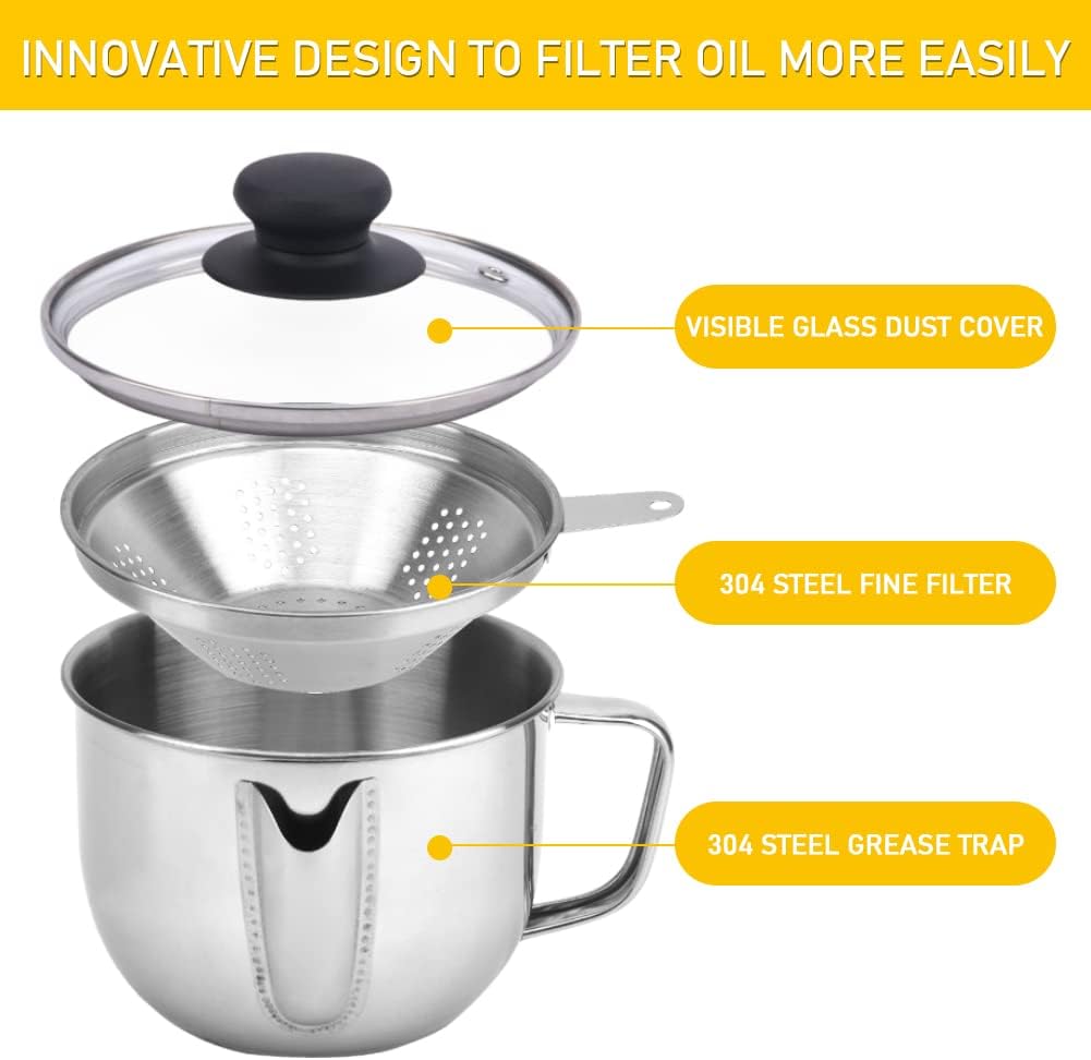 Stainless Steel Fat Separator 1L, Gravy Separator with Glass Lid & Strainer